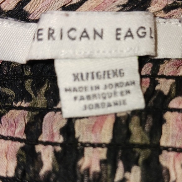 American Eagle Floral Ruched Peplum Babydoll Top Blouse XL Black Pink - Picture 7 of 7